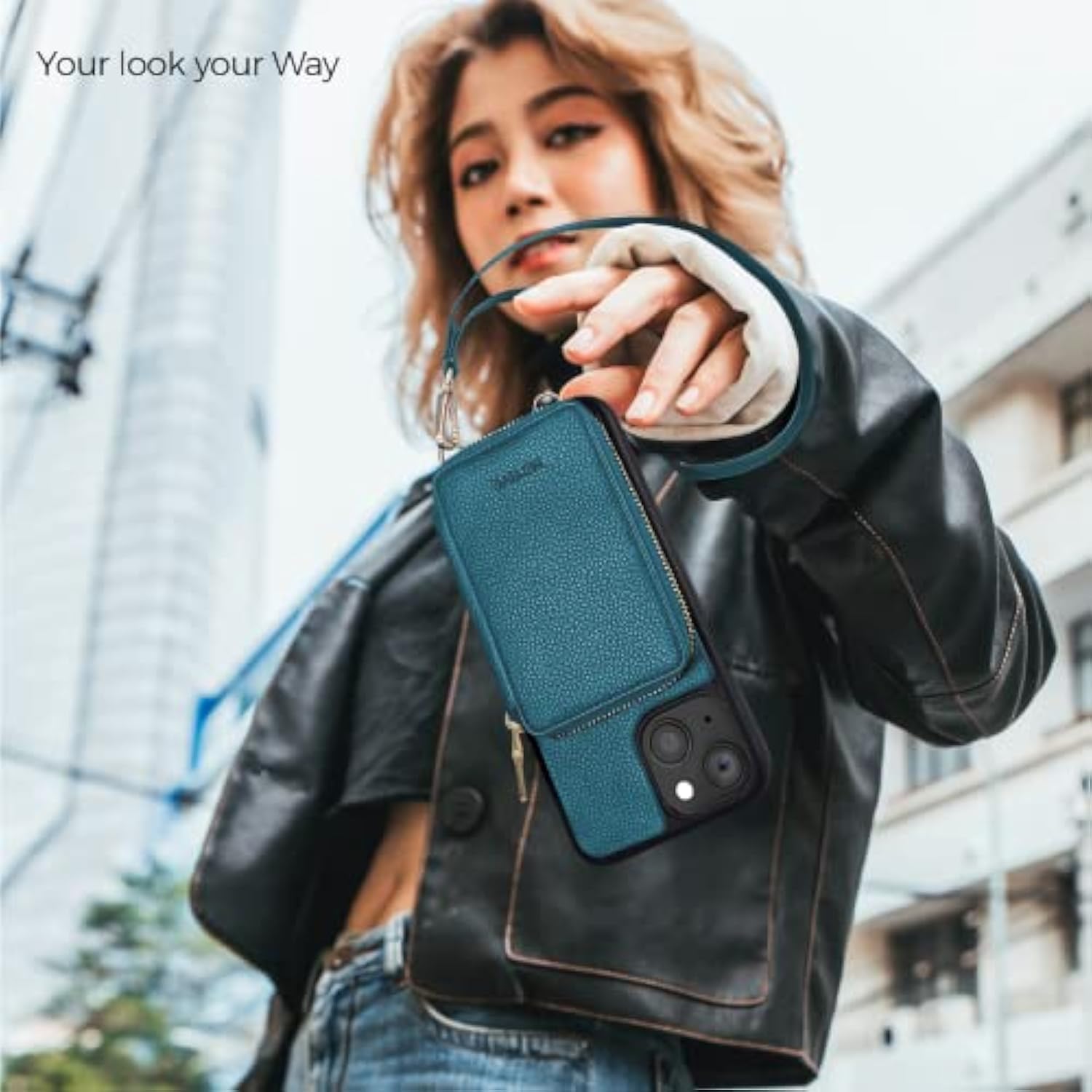 For Iphone 14 Plus Wallet Case Designed In New York, Crossbody Phone Case For Apple Iphone, Zipper Purse Case Wallet With Rfid Blocking Card Holder | 6.7" Color Blue Teal - Fancy Series
