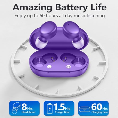 S8 Mini Wireless Earbuds Bluetooth 5.3 In Ear Light-Weight Headphones,60Hrs Playtime Ear Buds With Charging Case,Bluetooth Headsets,Premium Sound With Deep Bass For Sport-Purple