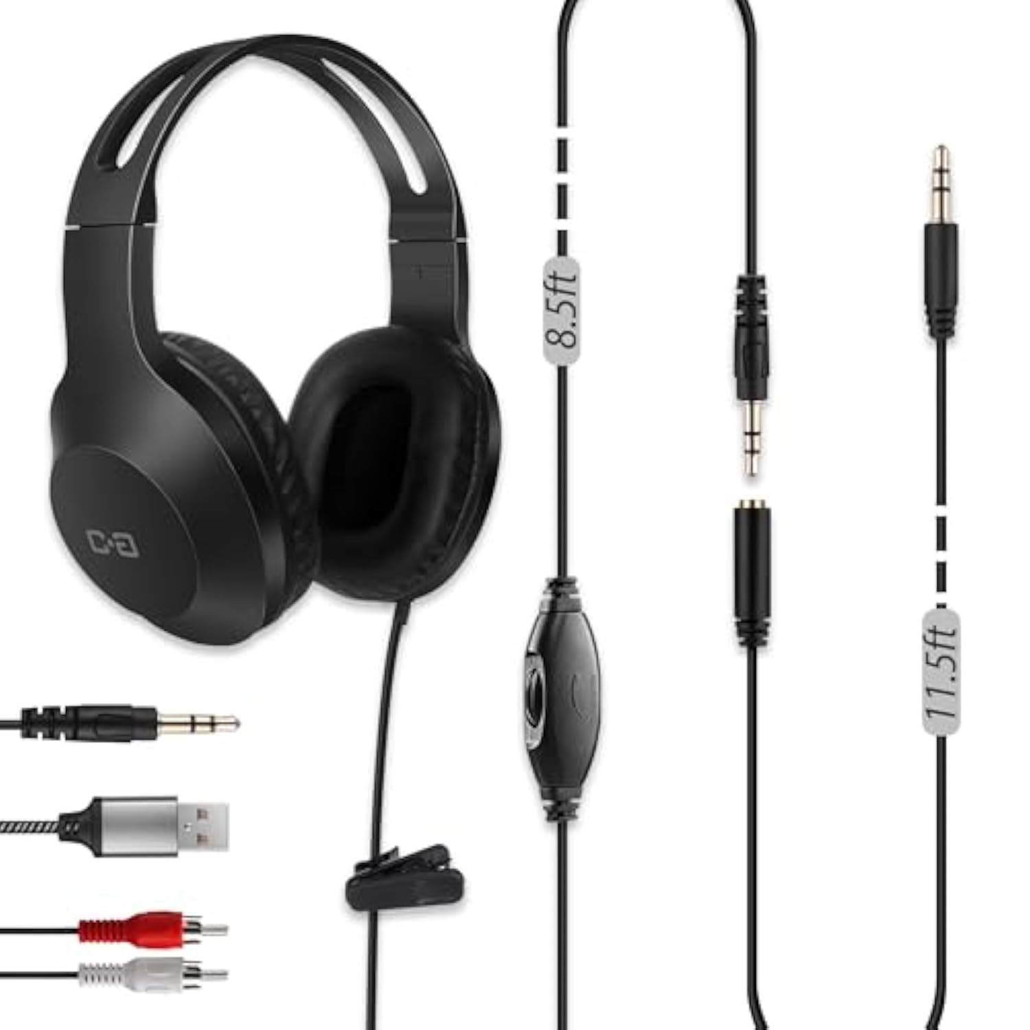 20Ft Extra Long Cord Headphones For Tv & Pc With Volume Control, Wired Tv Headset With Extension Cable, 3.5Mm Aux Jack With Usb & Rca Adapters For More Tvs, Senior Friendly
