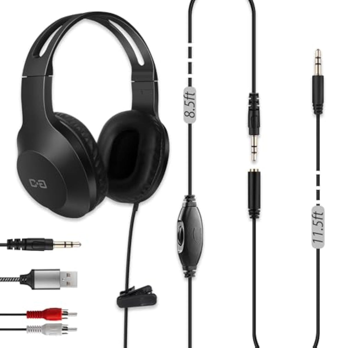 20Ft Extra Long Cord Headphones For Tv & Pc With Volume Control, Wired Tv Headset With Extension Cable, 3.5Mm Aux Jack With Usb & Rca Adapters For More Tvs, Senior Friendly