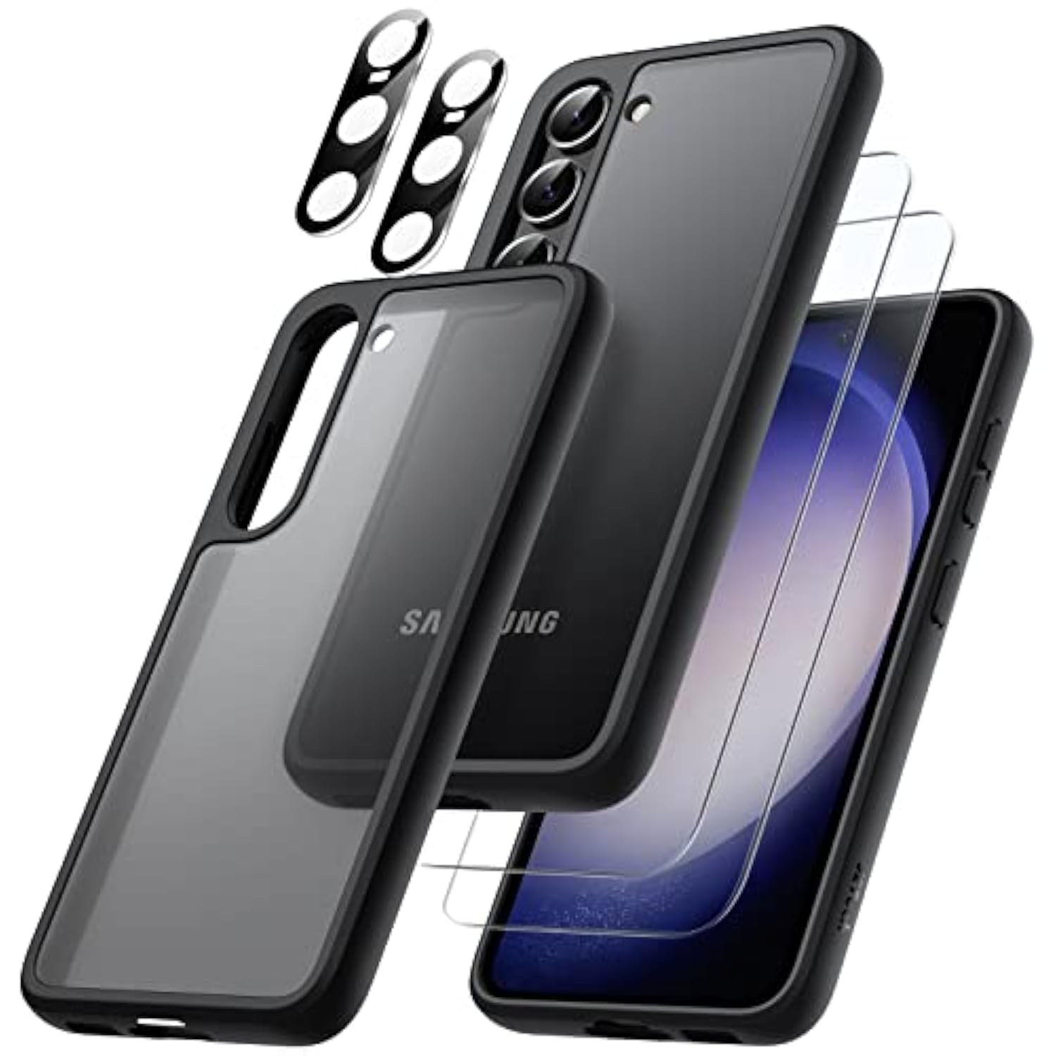 JETech 5 in 1 Matte Case for Samsung Galaxy S23 5G 6.1-Inch with 2-Pack Screen Protector and Camera Lens Protector, Translucent Back Protective Phone Cover, Tempered Glass Film (Black)