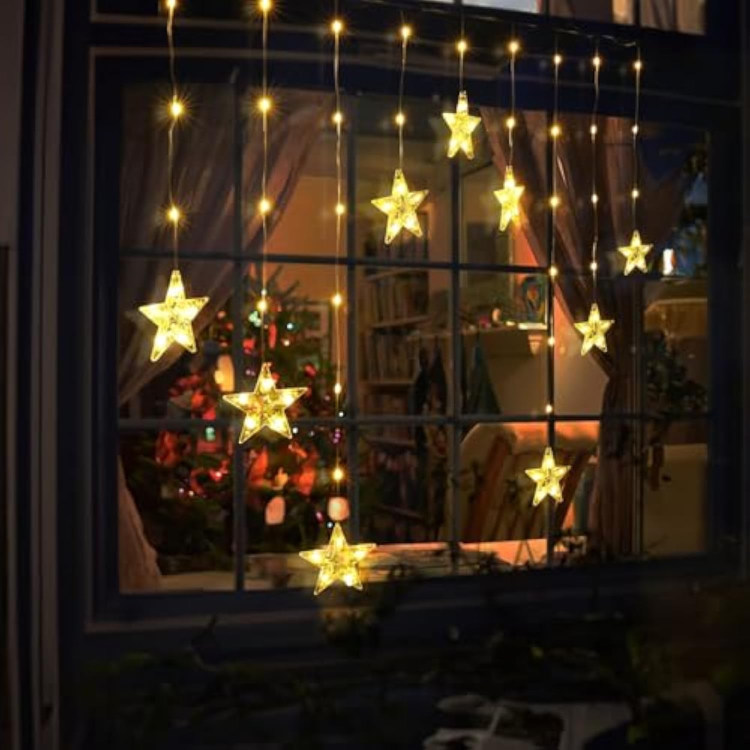 Star Christmas Window Lights, 76 Leds 9 Stars Curtain Lights Battery Operated With Timer, 8 Mode Xmas Hanging Window Dec