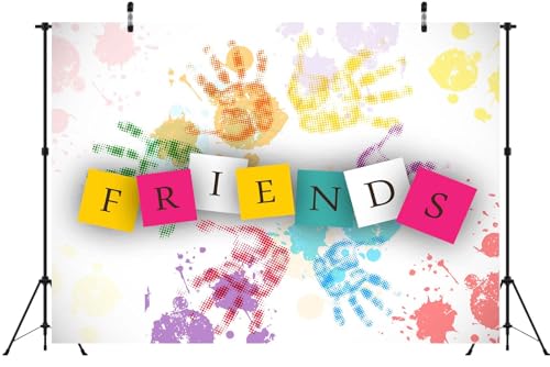 7x5ft Fabric Friends Theme Backdrop Splashed Ink Handprint Rainbow Color Friends Background Friendship Theme Party Decorations Banner School Event Photoshoot Props