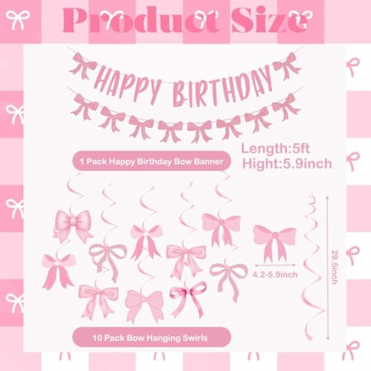 Pink Bow Birthday Decorations, Glitter Happy Birthday Banner And Hanging Swirls For Women Girls Bow Themed Party Decor, Baby Shower Party Supplies