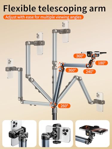 Floor Phone Stand for Video Recording,Overhead Cell Phone Stand for Bed,360° Adjustable Desk iPhone Tripod Floor Holder with Long Extension