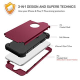 For Case For Iphone 8 Plus/Iphone 7 Plus, 3 Layer Hybrid Hard Pc Soft Rubber Heavy Duty Rugged Bumper Shockproof Anti Slip Full-Body Protective Phone Cover, Wine Red