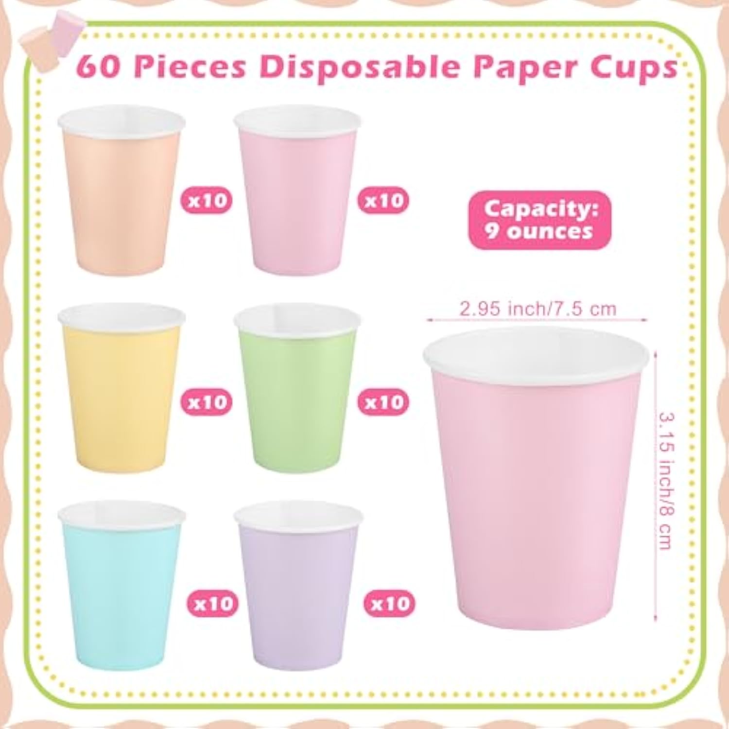 60 Pieces 9 Ounce Disposable Paper Cups Pastel Rainbow Party Cups Drinking Cups For Party, Diy And Holiday, 6 Colors