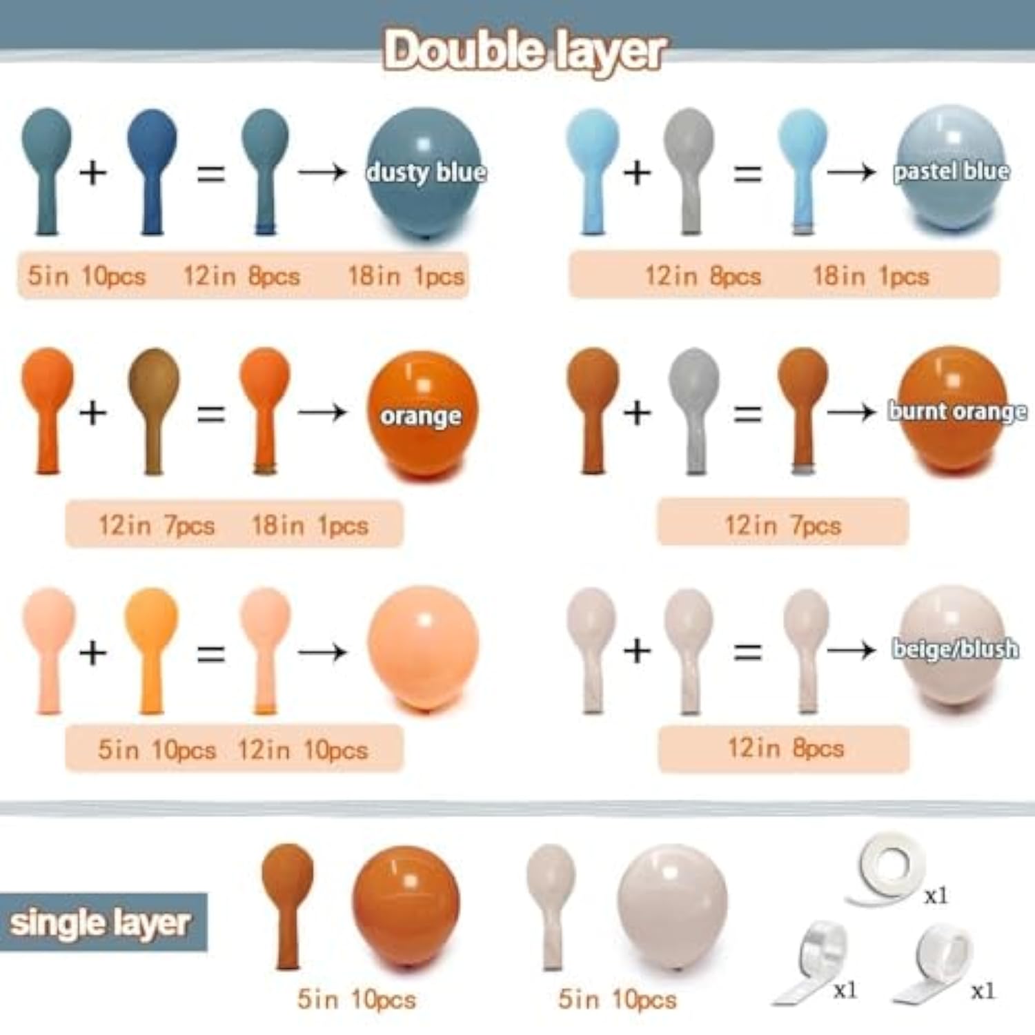 Orange Blue Balloon Arch Kit with Dusty Blue Peach Beige Balloons for Baby Shower