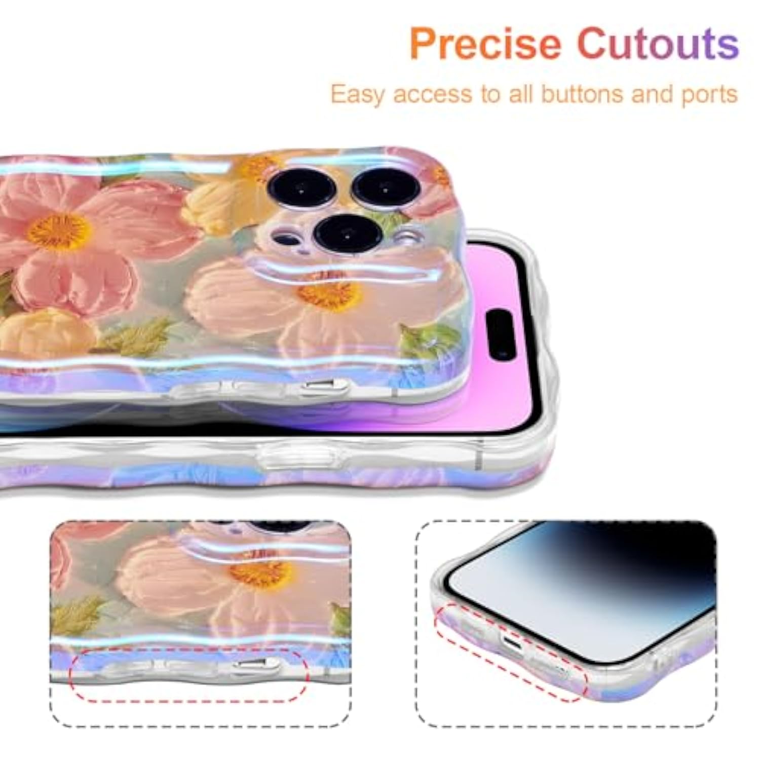Case For Iphone 15 Pro Max, Colorful Retro Oil Painting Printed Flower Laser Glossy Pattern Cute Curly Wave Edge Exquisite Phone Cover Stylish Durable Tpu Protective Case For Girls Women-Green
