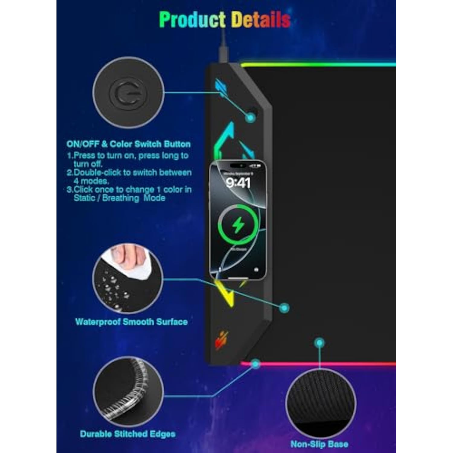 Gaming Mouse Pad Rgb, 35"X15.8" Large Keyboard Desk Mat With Magnetic Wireless Charging For Iphone, 24 Light Effects, Non-Slip Base, Waterproof Ultra-Smooth Surface, With Adapter, Black