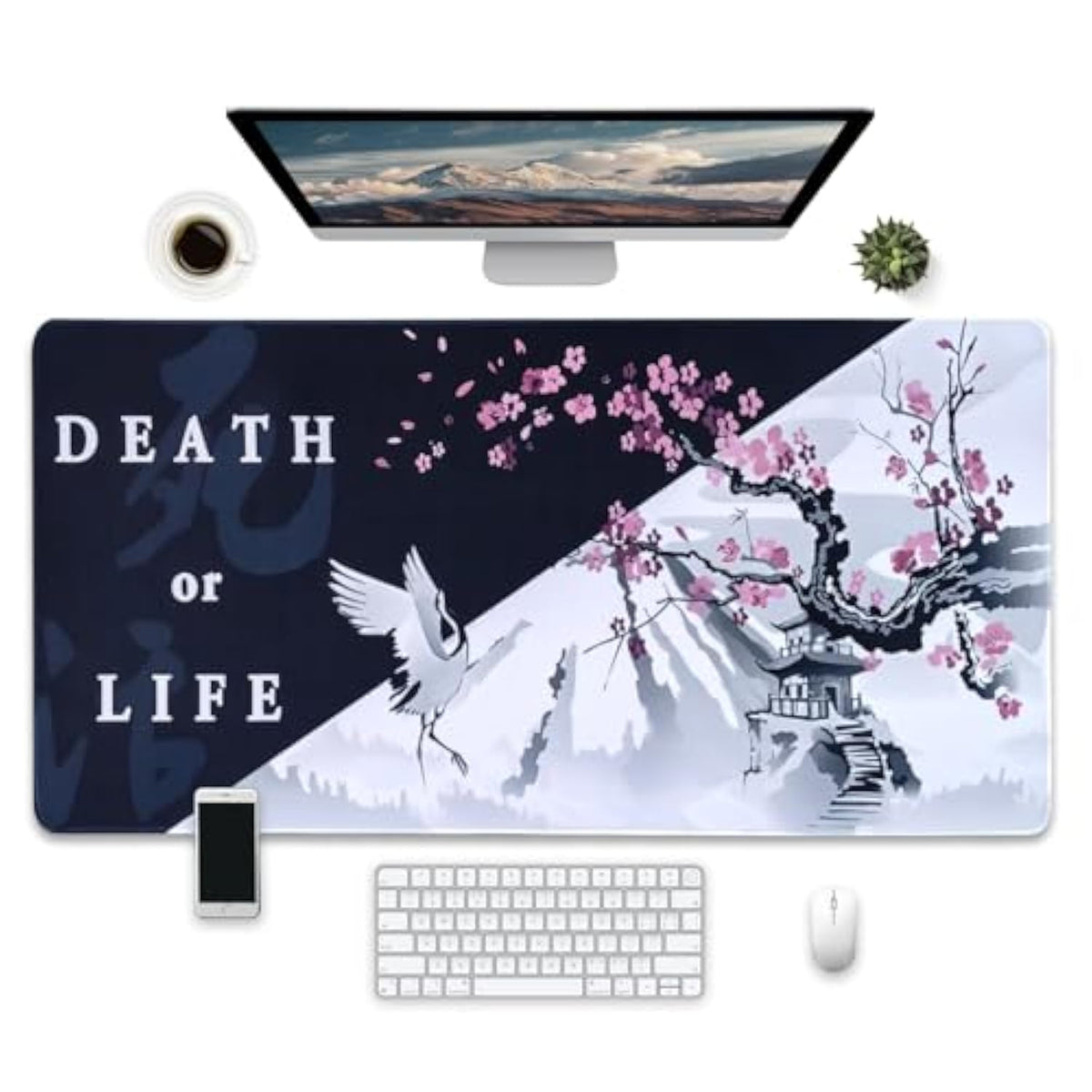 Japanese Style Gaming Mouse Pad, Death Or Life Design, Large Extended Desk Mat, 31.5 X 15.7 Inches, Non-Slip Base