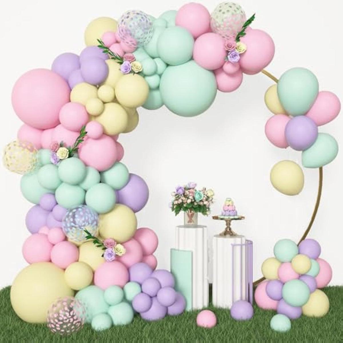 153Pcs Pastel Balloons Garland Arch Kit, Different Sizes 18 12 10 5Inch Pastel Pink Yellow Green Purple Confetti Balloons For Spring Baby Shower Wedding Wildflower Birthday Party Decorations