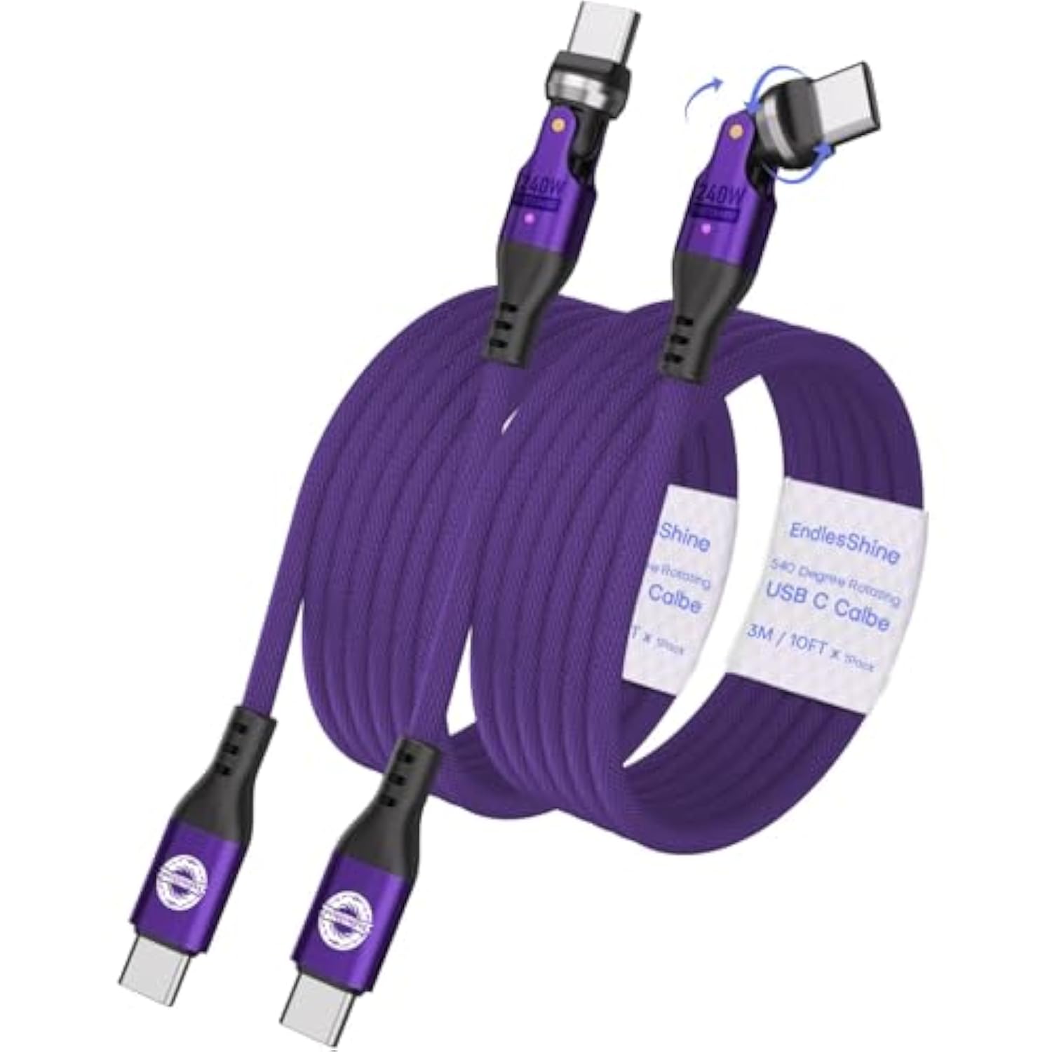 Usb C To C Charge Cable Pd 240W (2 Pack 10Ft) Usb2.0 480Mbps & Data Transfer Cable 180° & 360° Rotation Charge Cables Phone Charge Cord For Type C Devices (Purple)