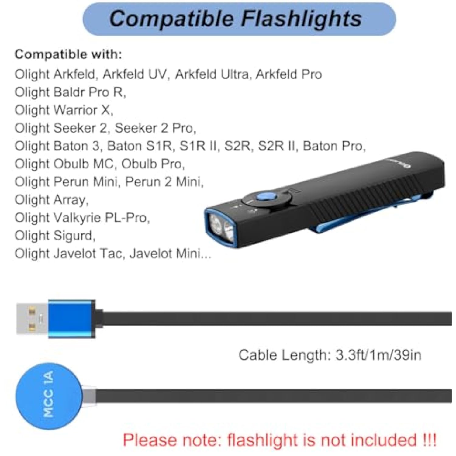 Charger For Olight Arkfeld Ultra, Baldr Pro R, Warrior X, Seeker 2, Obulb, Perun Mini, Valkyrie Pl-Pro, Baton3 S2R Ii - Replacement Usb Charging Cable For Flashlights (3.3Ft/1M)