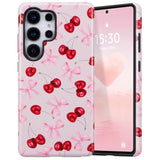 Case For Samsung Galaxy S25 Ultra, Cute Pink Bow Cherry Print Aesthetic Trendy Pattern For Women Girls Slim Durable Bumper Shockproof For Samsung Galaxy S25 Ultra Case, Pink Ribbon/Glossy