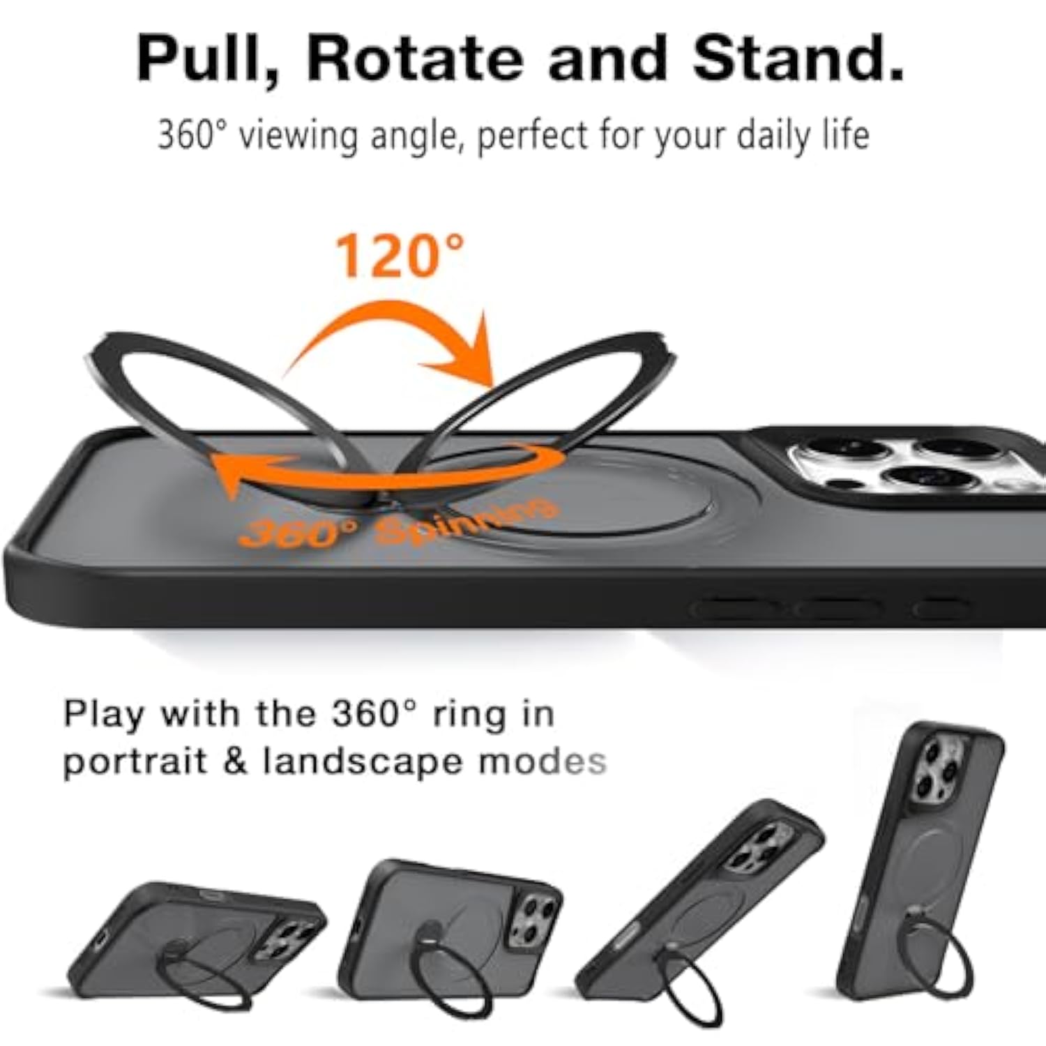 Magnetic Stand For Iphone 16 Pro Max Case With Privacy Screen Protector & Full Camera Cover,[20Ft Protection] 360° Spin Magnetic Ring Shockproof Phone Case With Magsafe For Iphone 16 Promax,Black