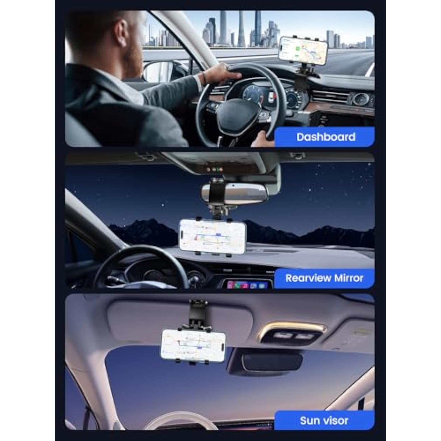 Car Phone Holder For Dashboard Cell Phone Mount For Car 360 Degree Rotation Clip Design Compatible With All Cell Smart Phones.