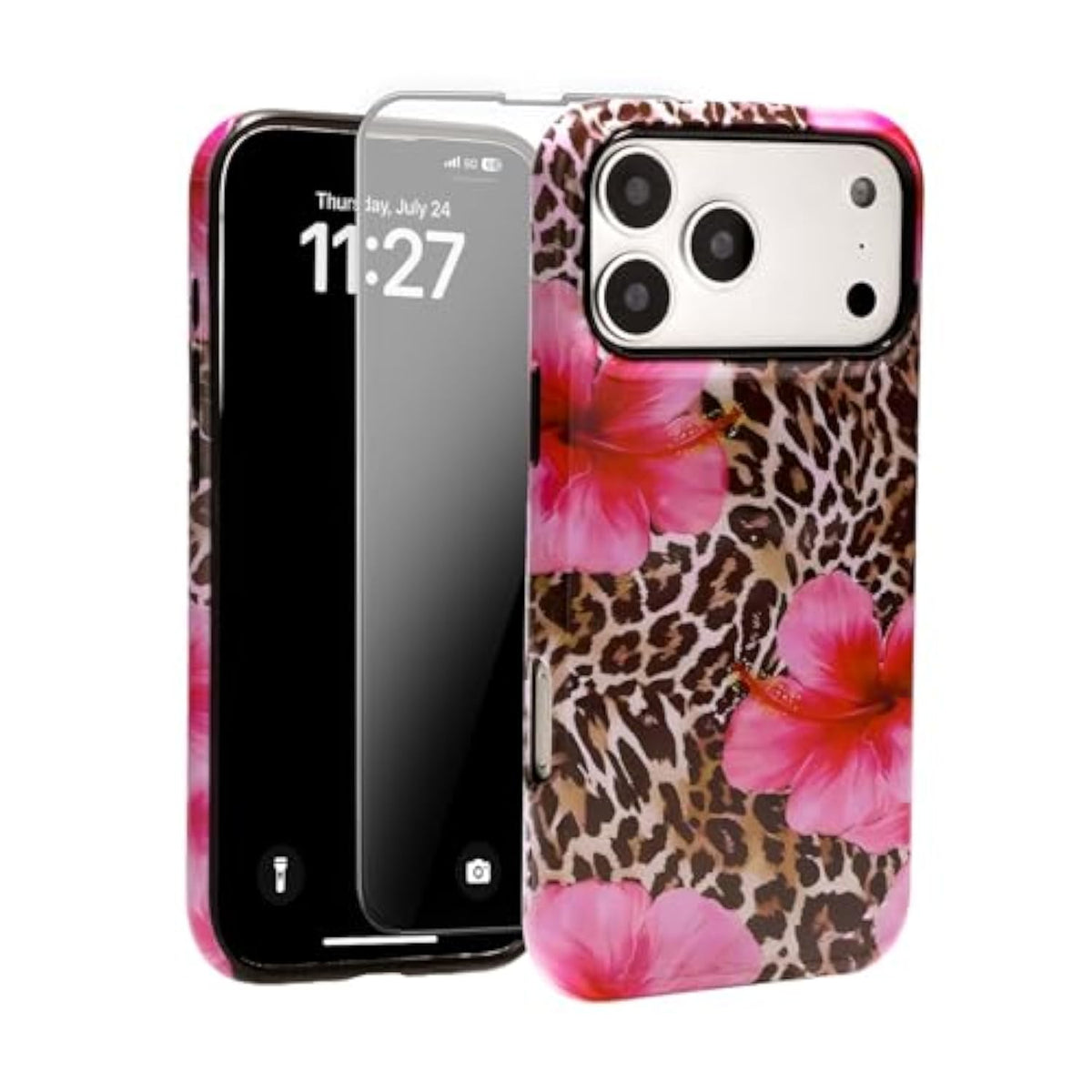 Compatible With Iphone 13 Case, Cute Leopard Pink Hibiscus Tropical Floral Pattern Phone Case With Hd Screen Protector Silicone Shockproof Protective Phone Cover For Women Girls