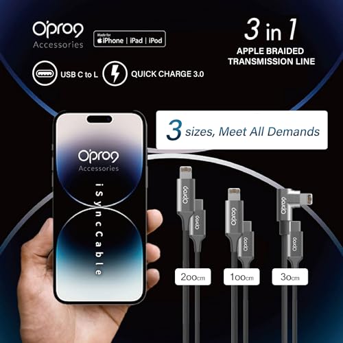 Opro9 iPhone USB C to Lightning Fast Charging Cable 3 Pack (1/3/6 FT) - PD 30W,  MFi Certified Charger Cord, Nylon USBC to Lightning Cable for