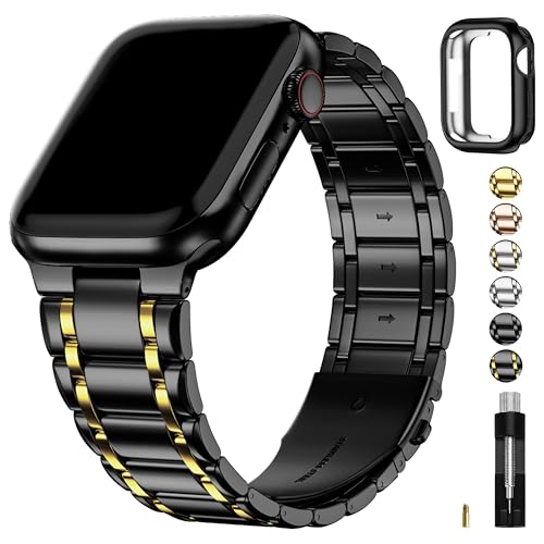 Bands Compatible With Apple Watch Band 45Mm 44Mm 42Mm 46Mm 49Mm 41Mm 40Mm 38Mm,Stainless Steel Iwatch Band With Case For Apple Watch Series 11 10 9 8 7 6 5 4 3 2 1 Se3/2/1 Ultra3/2/1, 42Mm 44Mm 45Mm, Black And Gold