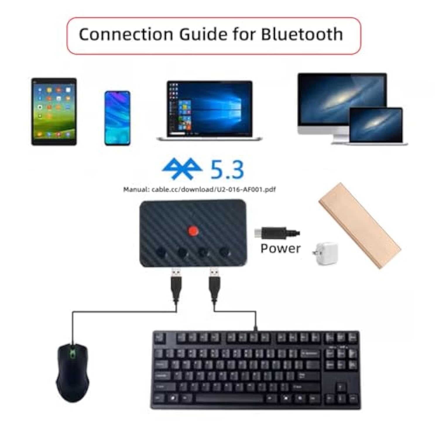 xiwai USB Wired Mouse and Keyboard Convert to Wireless 2.4G Bluetooth(BT) Converter with Receiver USB Switch Selector Type-C Power for Tablet Phone Laptop