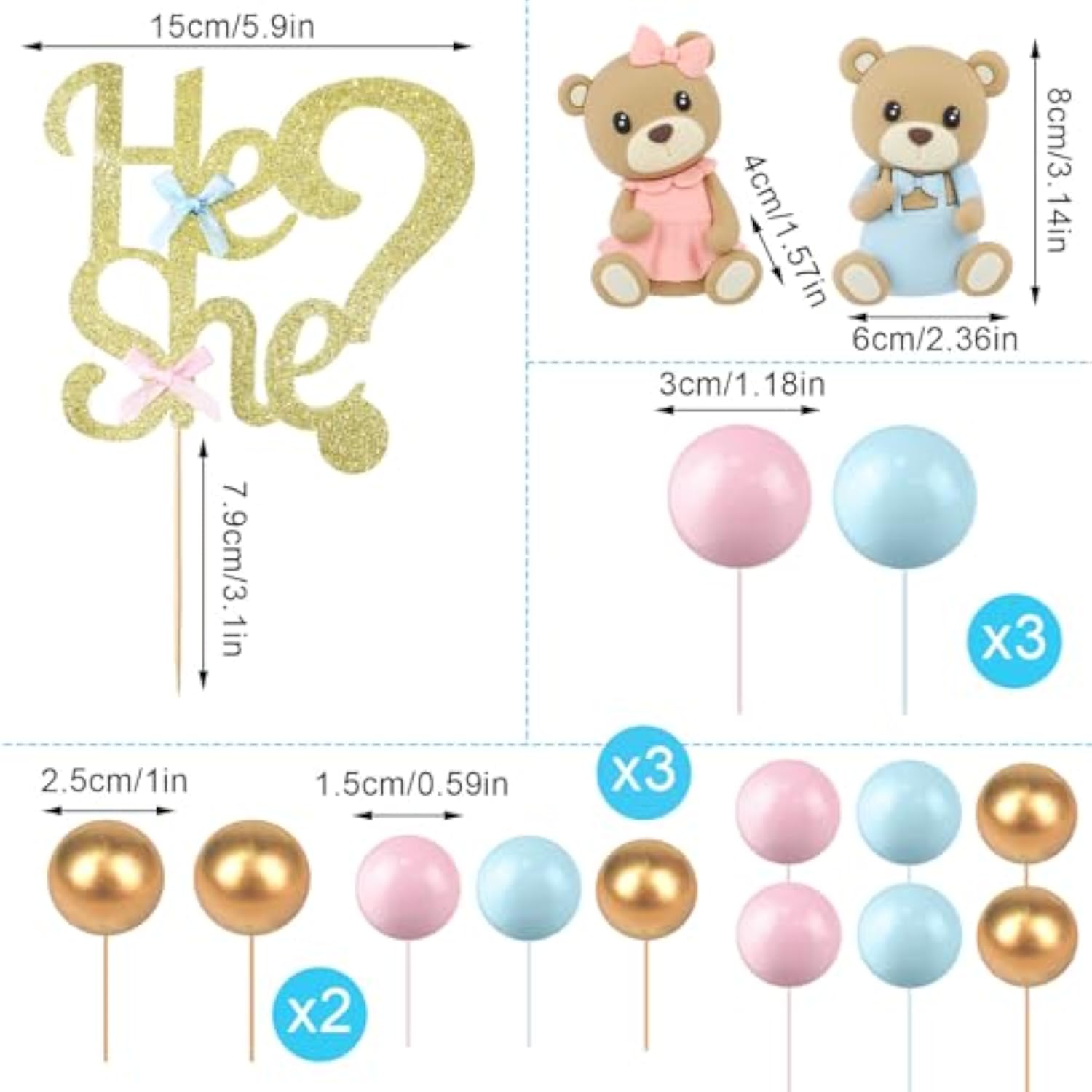 19 Pcs Gender Reveal Cake Topper Set, Includes He Or She Cake Topper Assorted Sizes Ball Picks Cookie Insert Topper Blue Pink Cupcake Topper For Boys And Girls Gender Reveal Baby Shower(Bear)