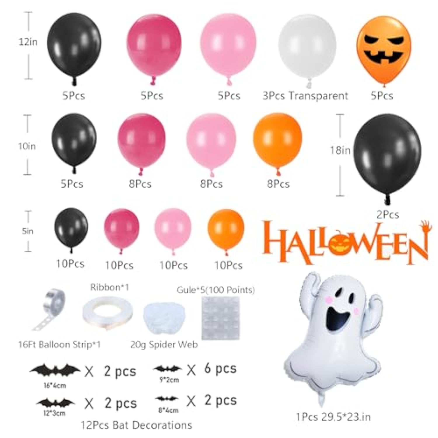111Pc Halloween Balloon Arch Kit – Black Orange Hot Pink with Spider & Ghost