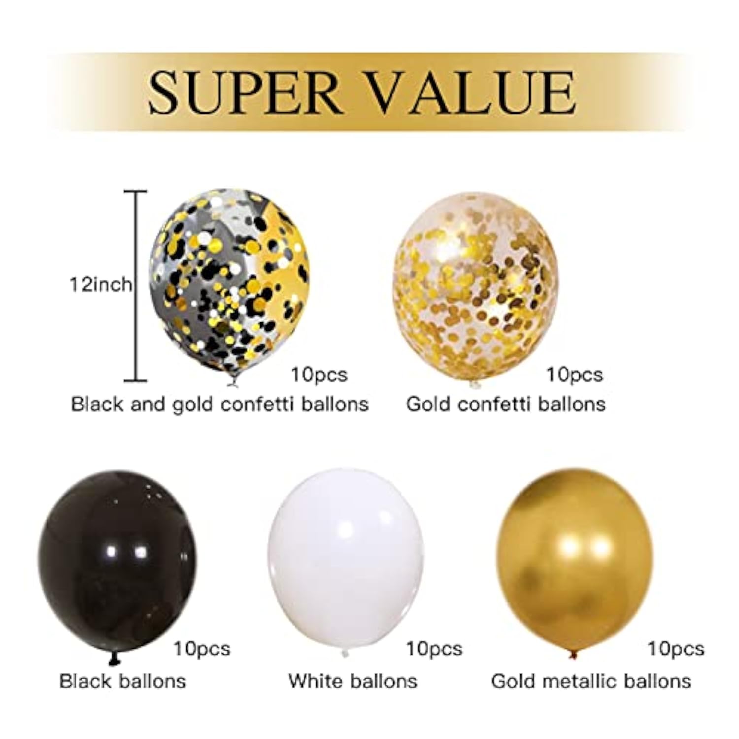 50 Pc Black Gold White Confetti Balloons 12 Inch with Ribbons for Party Decor