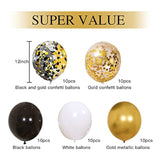50 Pc Black Gold White Confetti Balloons 12 Inch with Ribbons for Party Decor