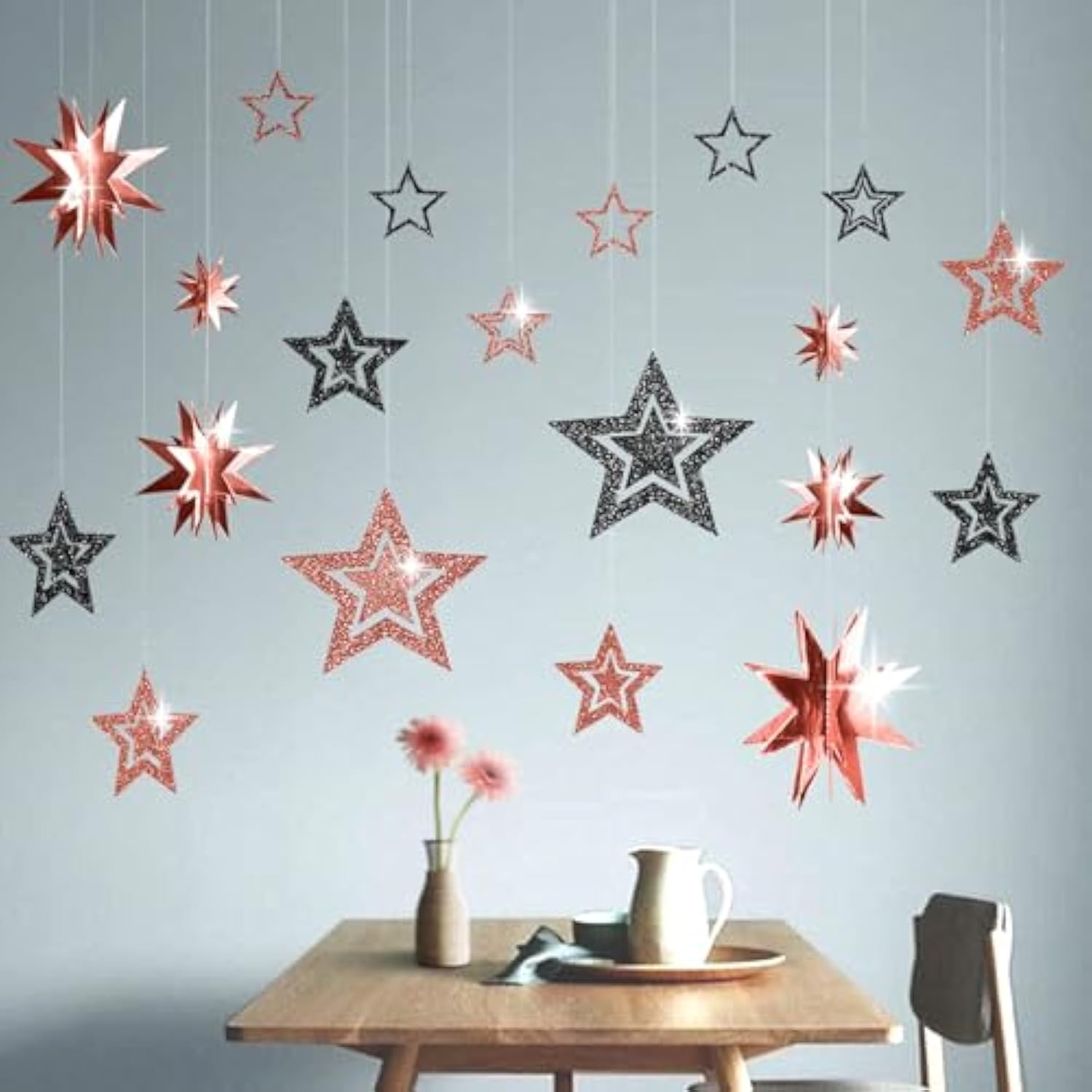 Glitter Black Rose Gold Star Garland Twinkle Little Star Party Decoration Hanging Decor Backdrop Banner Streamer Birthday Bday Bridal Baby Shower Bachelorette Christmas Party Supplies