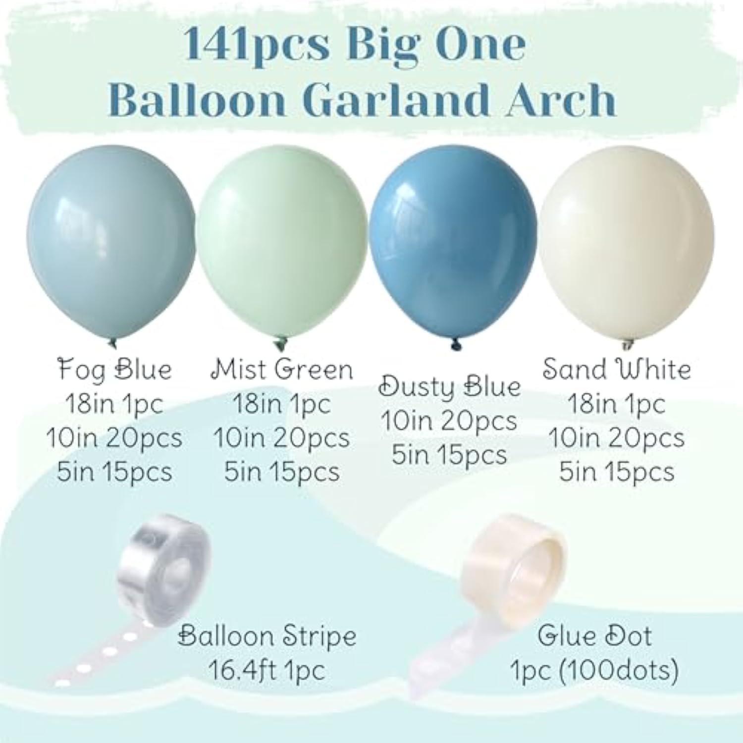 The Big One Balloon Garland Arch Kit, 141Pcs Haze Fog Blue Mist Green And Sand White Balloons For Beach Party Decorations Surf Theme First Birthday On Board Boho Baby Shower Supplies