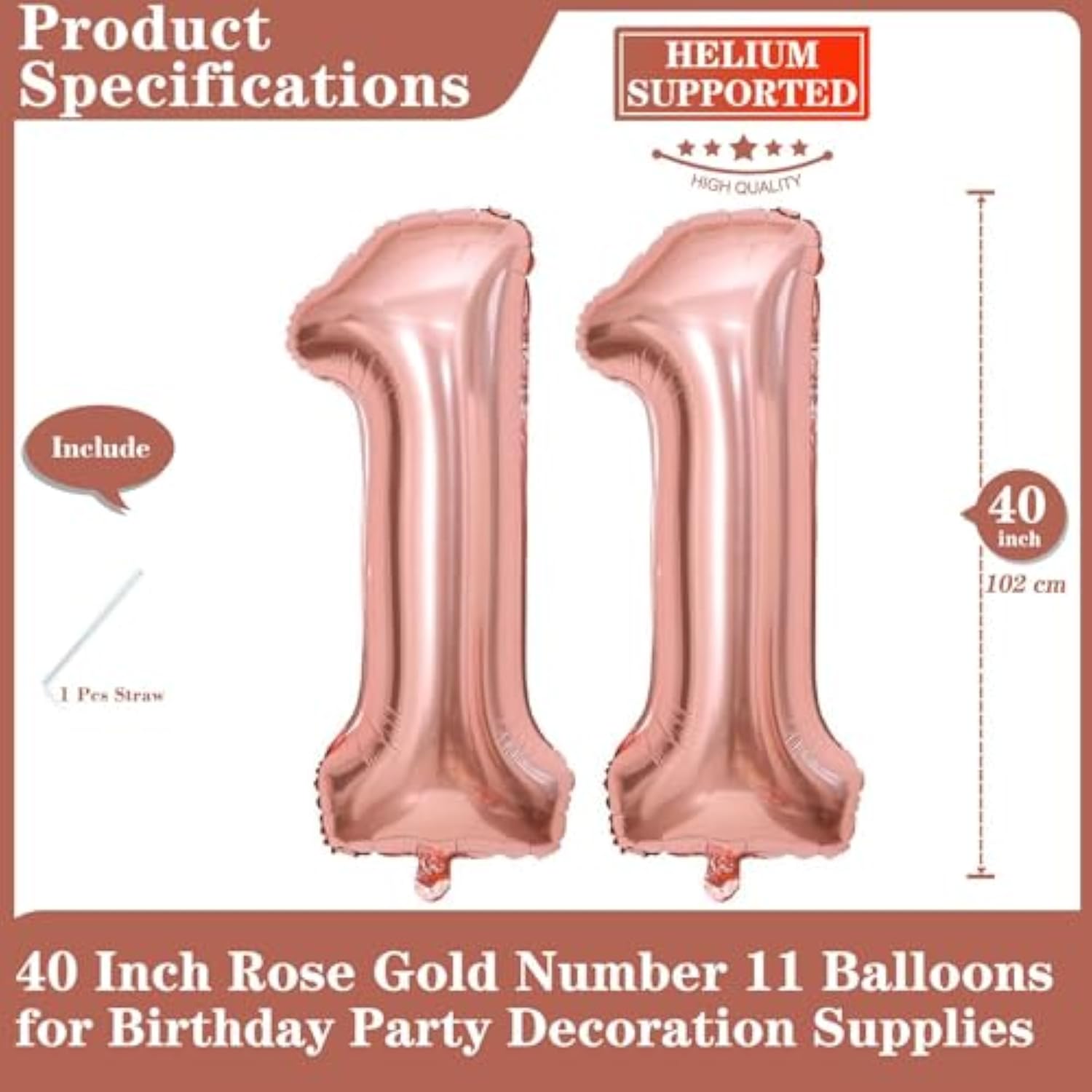 Rose Gold 11 Number Balloons, 40 Inch Giant Number 11 Balloons Foil Mylar Helium Rose Gold Number Balloons For 11Th Birthday Party Supplies Anniversary Event Celebration Decorations