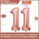 Rose Gold 11 Number Balloons, 40 Inch Giant Number 11 Balloons Foil Mylar Helium Rose Gold Number Balloons For 11Th Birthday Party Supplies Anniversary Event Celebration Decorations