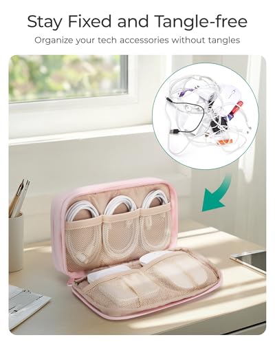 Electronics Organizer Travel Case, Cord Storage For Chargers Cables Phones, Compact Tech Accessories Pouch, Pink