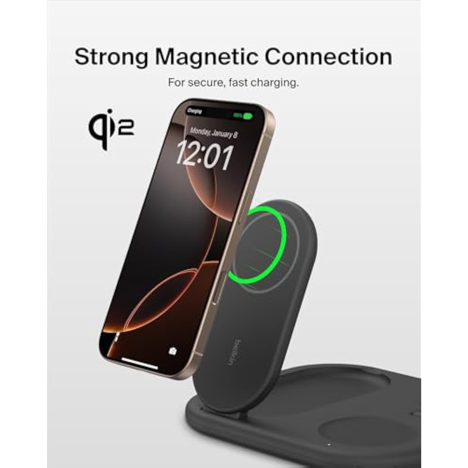 Belkin 3-in-1 MagSafe-Compatible iPhone Charger 15W, Foldable Magnetic Qi2-Certified Wireless Charging Station for iPhone 16, Apple Watch Series 10, AirPods 4, and More, w/Non-Slip Base & PSU - Black
