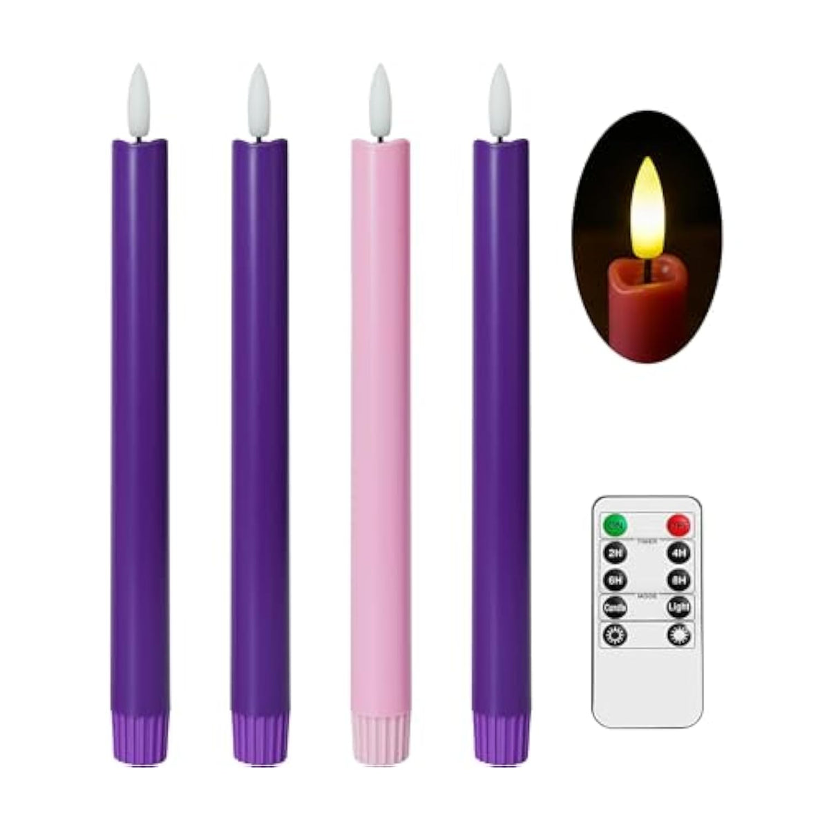 Flameless Advent Candles, Set Of 4 - Flickering Led Flame, 10 Inch Taper Candlesticks, Remote Controlled, Purple And Pink Color For Christmas Wreath