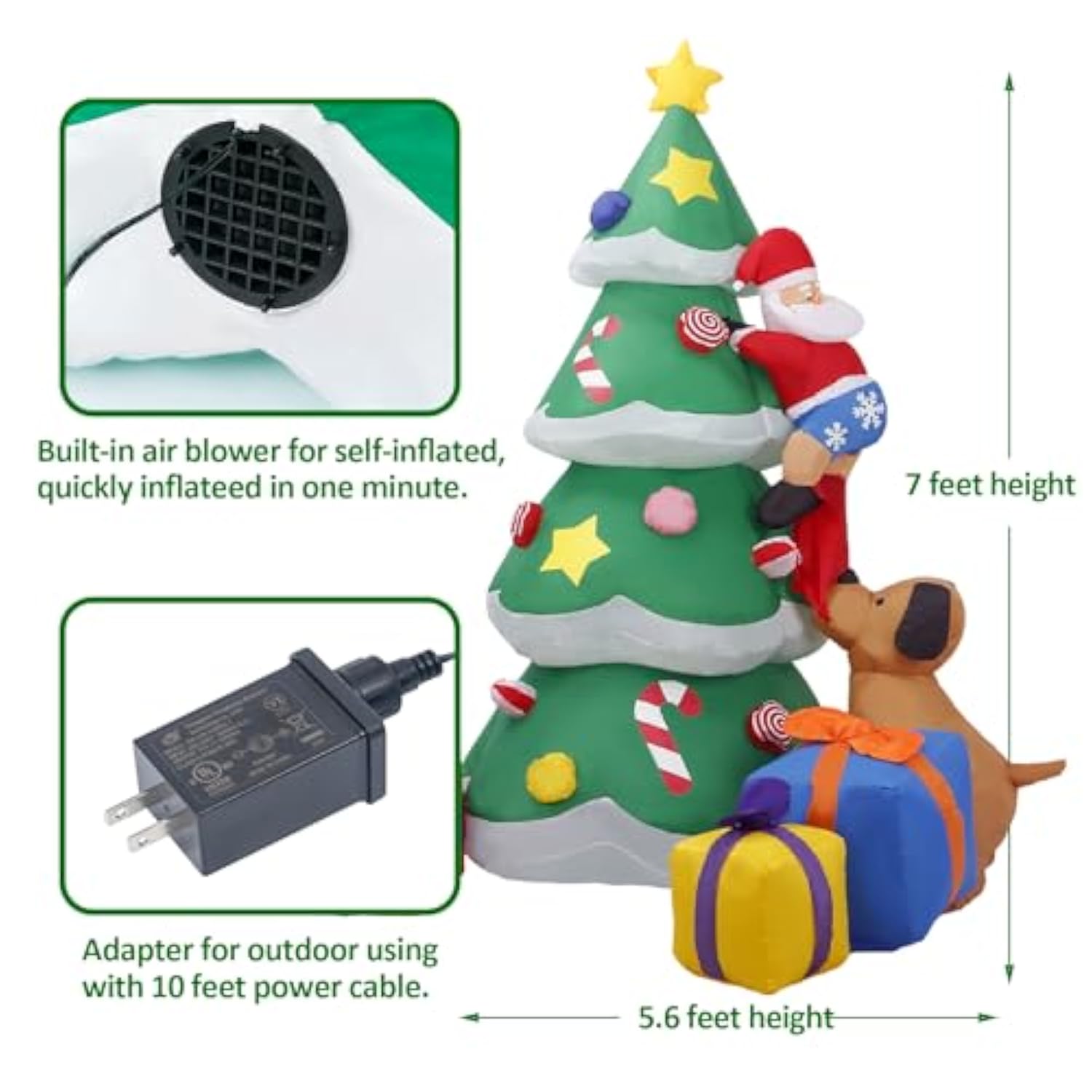 7Ft Inflatables Lighted Christmas Tree, Dog Chasing Santa Claus, Blow Up Cute Funny Indoor Outdoor Xmas Decor Lawn Yard