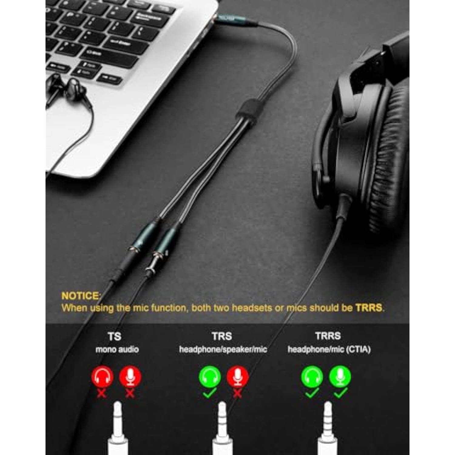 Headphone Splitter 3.5Mm 4-Pole Male To Two Trrs Female Adapter Suitable For Two Audio And Microphone Headsets, Compatible With Pc, Laptop, Android, Windows, Smartphones