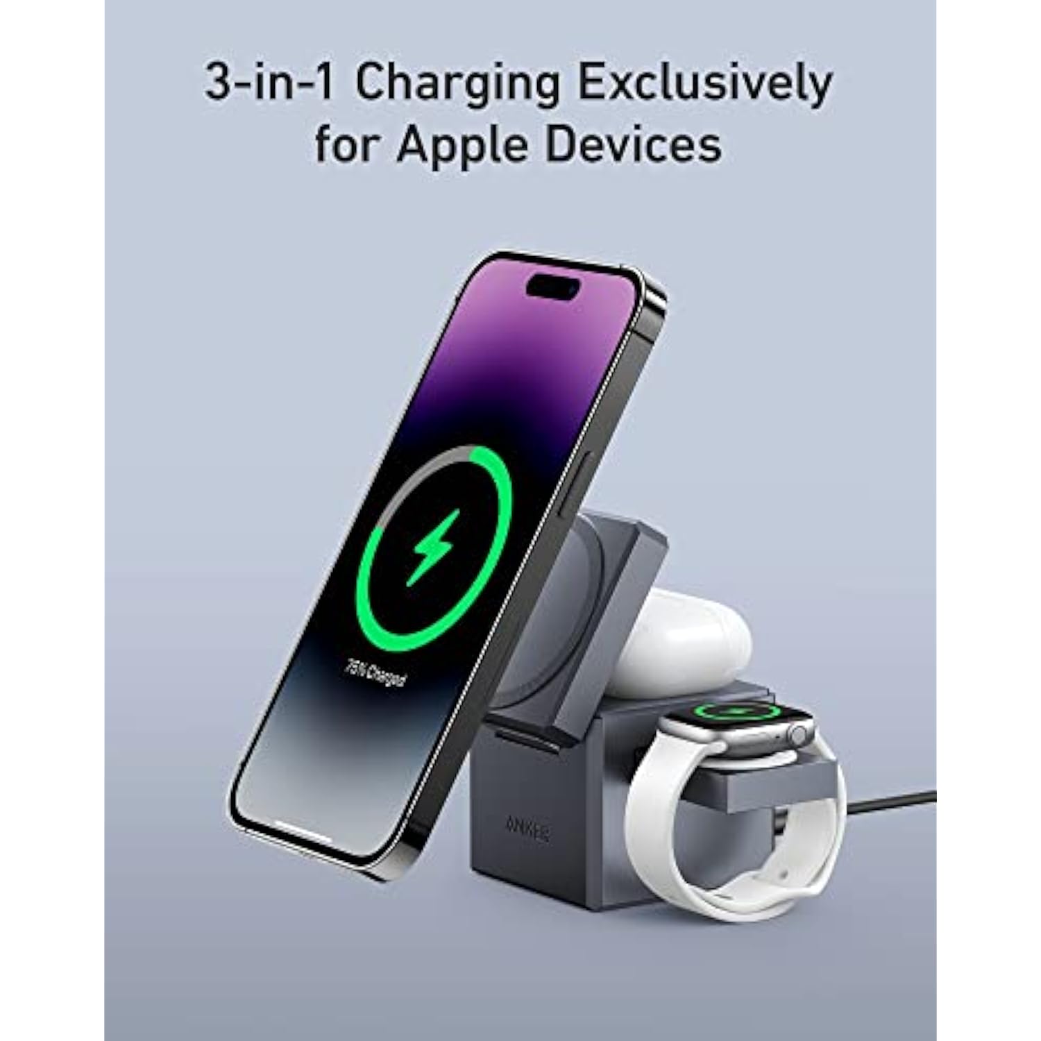 Anker MagSafe Charger Stand, iPhone 16 Wireless Charger, 3-in-1 Cube with MagSafe, 15W Foldable Fast Charging Stand, For iPhone 16/15/14/13, Apple Watch 1-8/Ultra, AirPods (30W USB-C Charger Included)