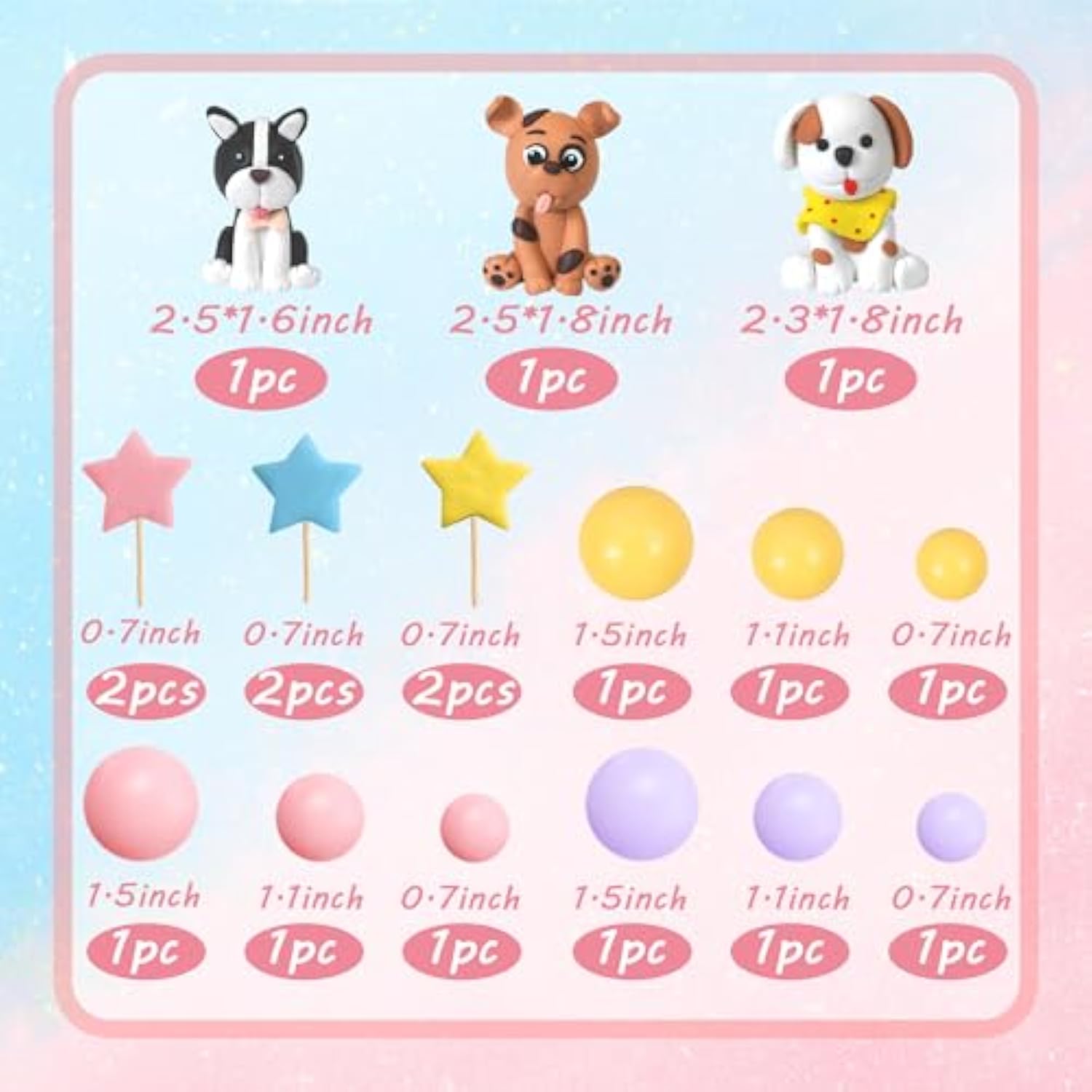 Dog Cake Topper Clay Figurines - Puppy Star Yellow Pink Purple Ball Cake Topper For Dog Theme Birthday Party Paw Cute Pet Party Baby Shower Supplies (Style 01)