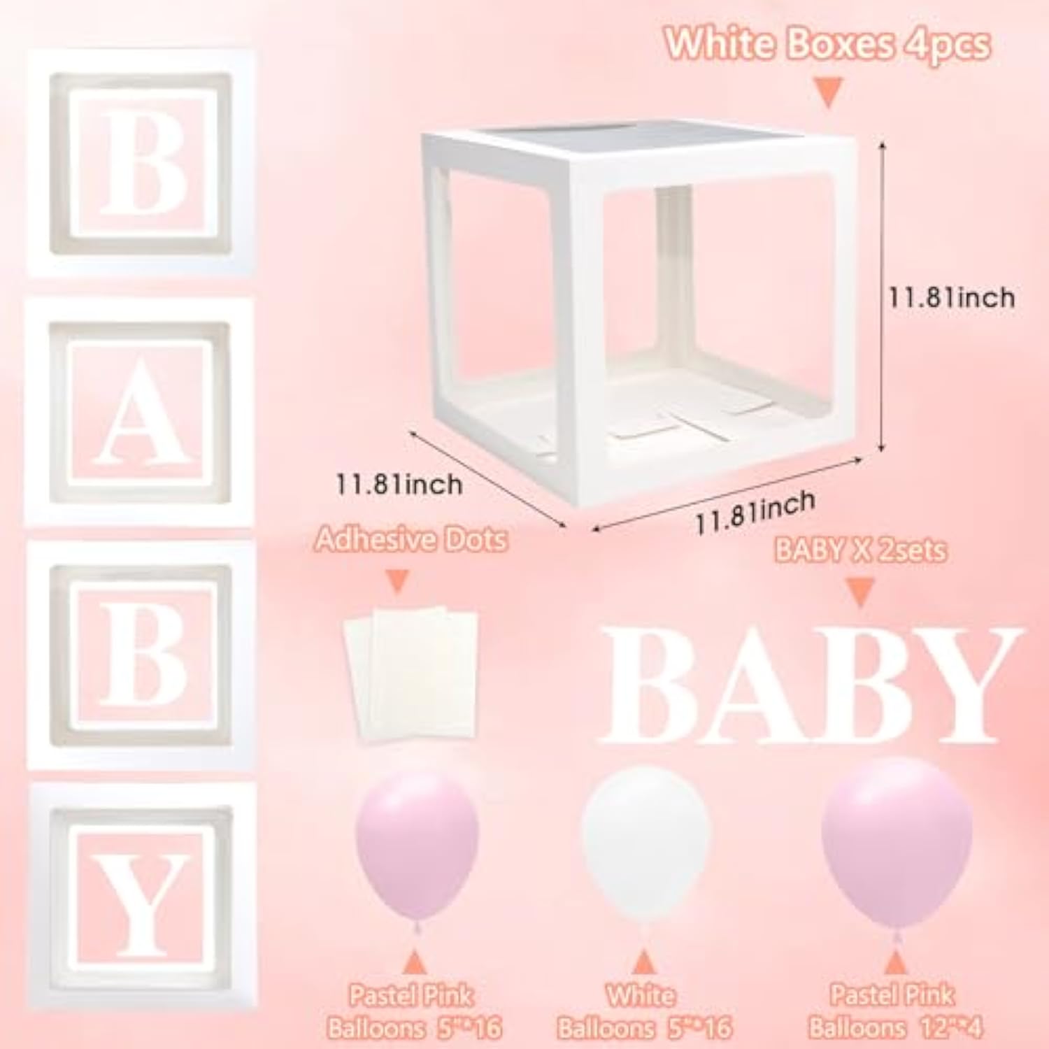4Pcs Transparent Balloon Boxes with Letters, 36Pcs Pink & White Balloons for Gender Reveal Party