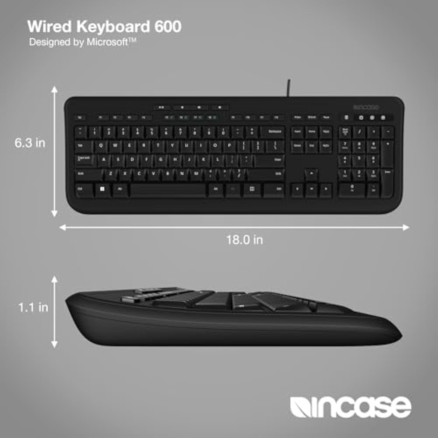 Incase Wired Keyboard 600 – Designed by Microsoft – Spill Resistant, Quiet Touch Keys, Plug and Play, 4 Hotkeys, Windows Start Key – Black