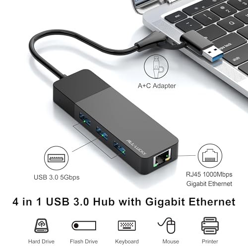 All-Lucky Usb To Ethernet Adapter, 4 In 1 Usb C To Ethernet Adapter Hub With 3 X Usb 3.0 Port/Gigabit Internet Port, High-Speed Network Hub Compatible For Imac,Macbook Proipad Proxps