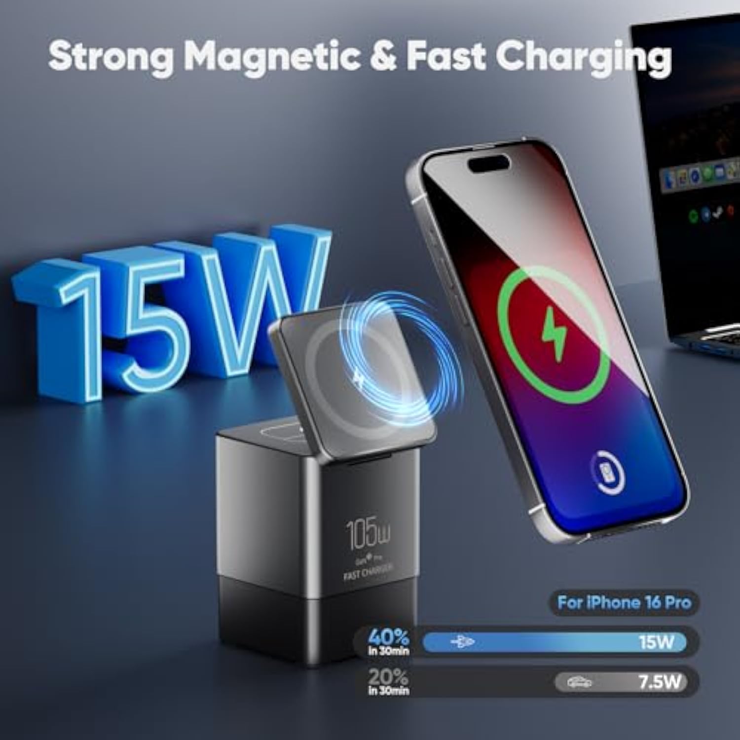 6-In-1 Charging Station For Apple 105W, Magnetic Wireless Charger With 65W Retractable Cable, Wireless Charger Stand, Fast Charging Stand Dock For Magsafe, Iphone16-13 Series, Airpods, Laptops