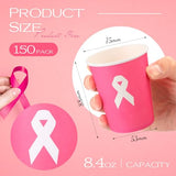 150 Pcs 8.5 oz Breast Cancer Awareness Paper Cups Pink Ribbon Supplies Bulk
