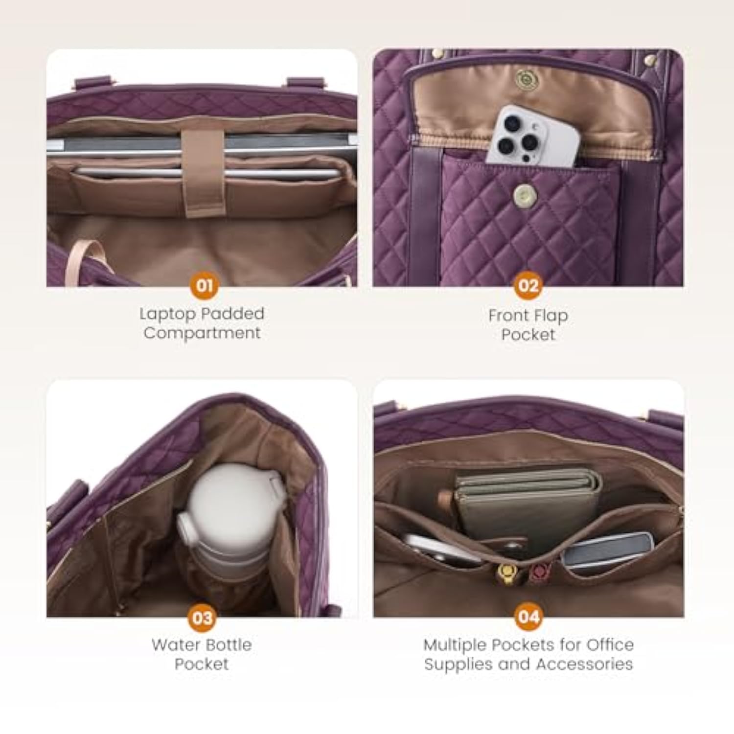 Laptop Bag For Women With Cup Holder?Waterproof Work Tote Fits For 15.6 Inch Computer,Quilted Laptop Tote Bag Features A Luggage Sleeve For Easy Carrying.Professional Laptop Purse In Nude