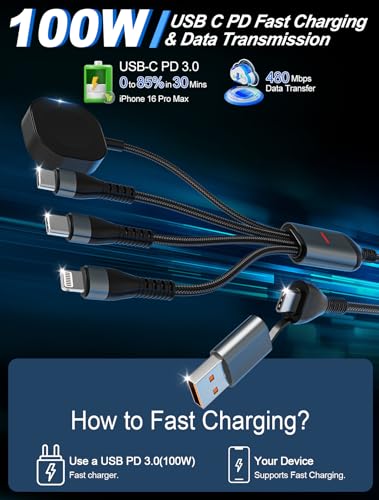 100W 2 USB C Multi Charging Cable for Apple Watch - 10ft USB C Fast Charging Cord with Dual USB-C (100W/10W), Lightning & Magnetic Apple Watch