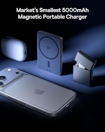 Picogo Power Bank, Smallest Qi2 Certified 15W MagSafe Portable Charger, 0.5" Ultra Slim 5000mAh Magnetic Battery Pack with Stand, Alloy Wireless