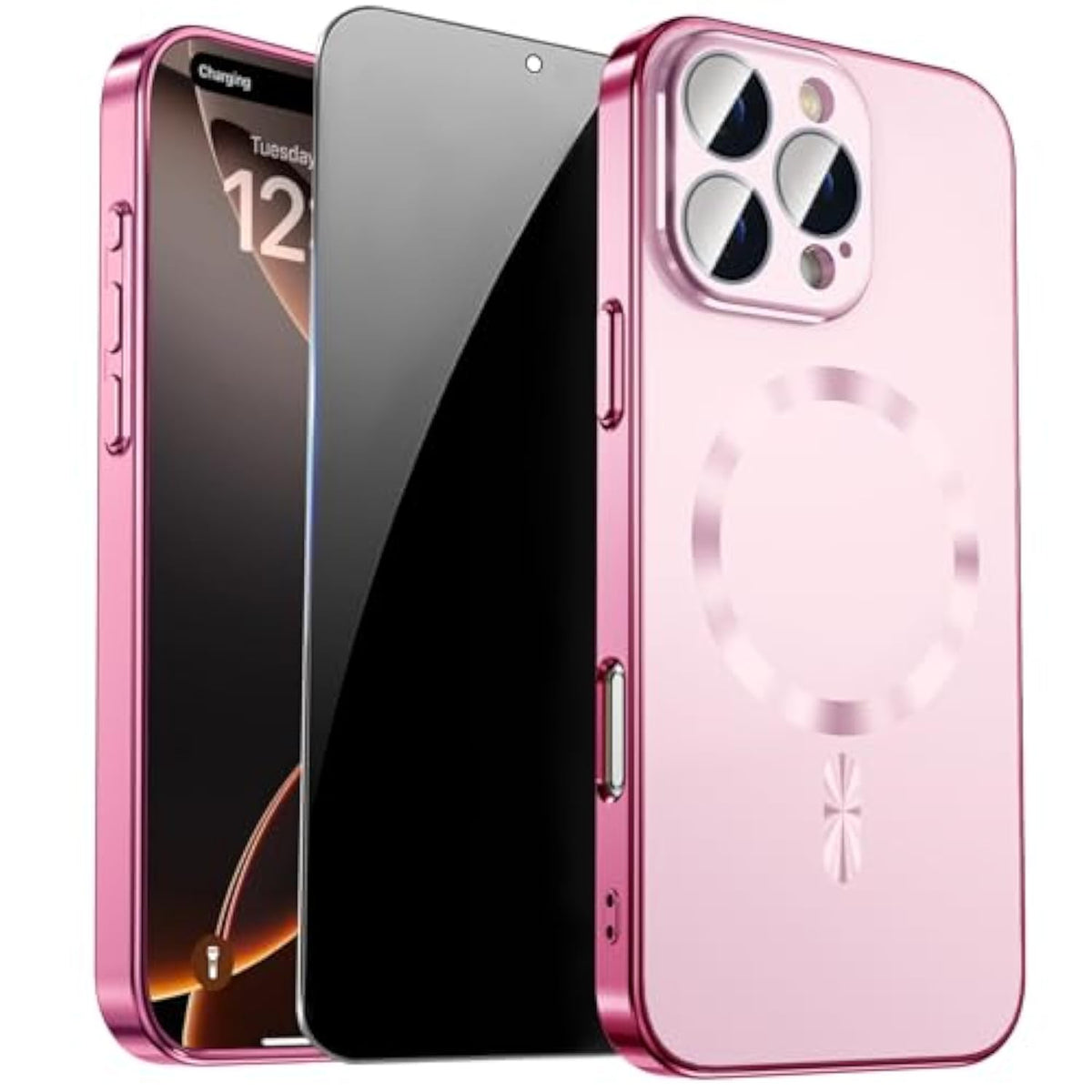 Magnetic For Iphone 16 Pro Max Case With Privacy Screen Protector & Camera Protection, Metal Glossy Luxury Color Phone Case For Iphone 16 Pro Max Girl Women, No Fading-Titanium Pink