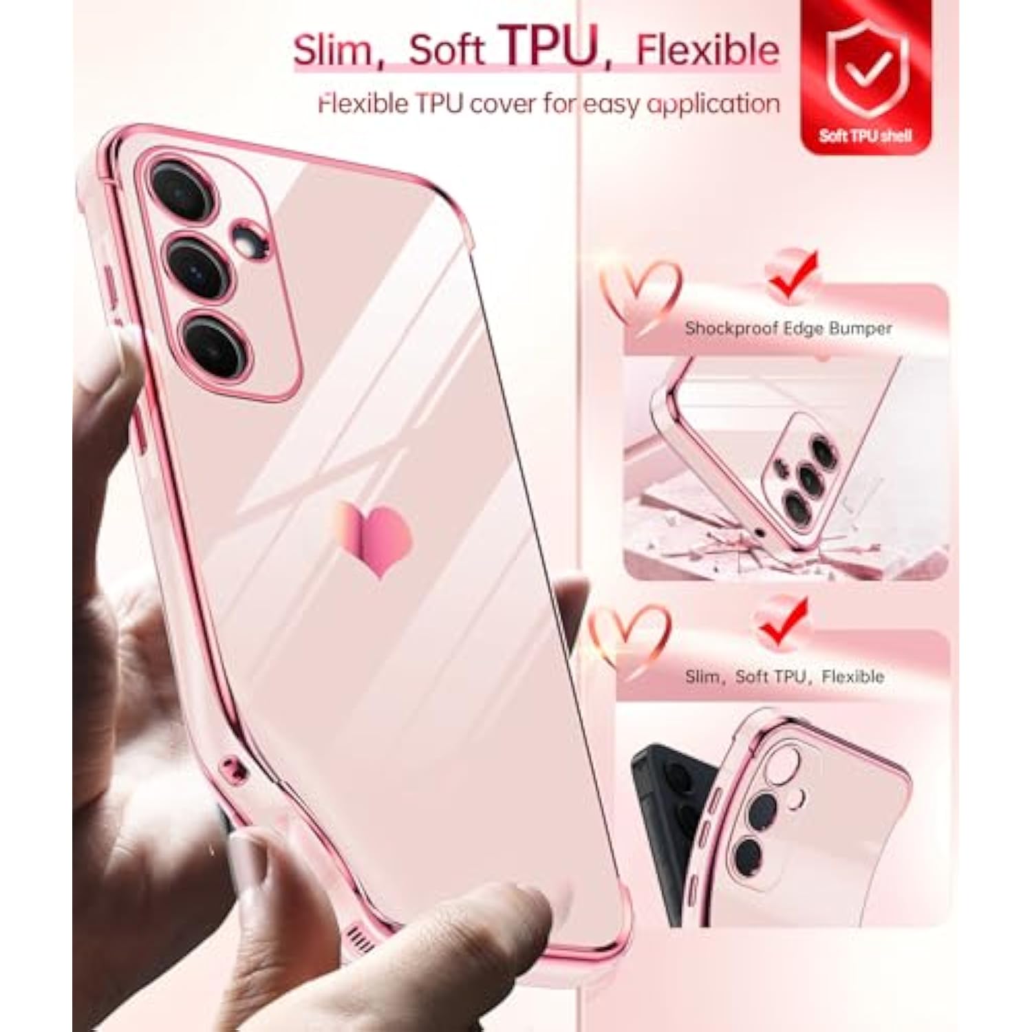 For Galaxy A35-5G Phone Case: Tempered Glass Screen Protector [2 Pcs]+ Full Camera Lens Protection, Love Heart Plating Girly Women Luxury Soft Tpu Shockproof Case For Samsung A 35 5G, Pink